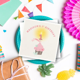 Guardanapo De Papel Aniversário de 1 ano da Menina do Cupcake Rosa