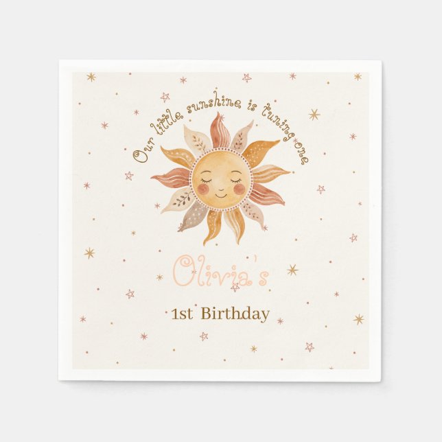 Guardanapo De Papel Aniversário de 1 ano da Menina do Sol Rosa Boho (Frente)