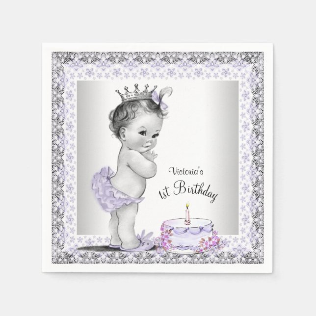 Guardanapo De Papel Aniversário de 1 ano da Princesa Roxa Meninas (Frente)