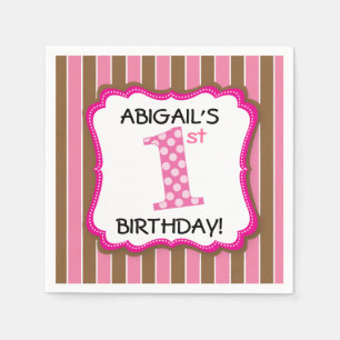 Guardanapo De Papel Aniversário de 1 Ano de Menina Listras Rosa Marrom