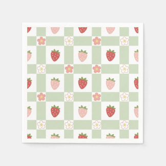 Guardanapo De Papel Aniversário de 1 ano Gingham Morango Verde Pastel