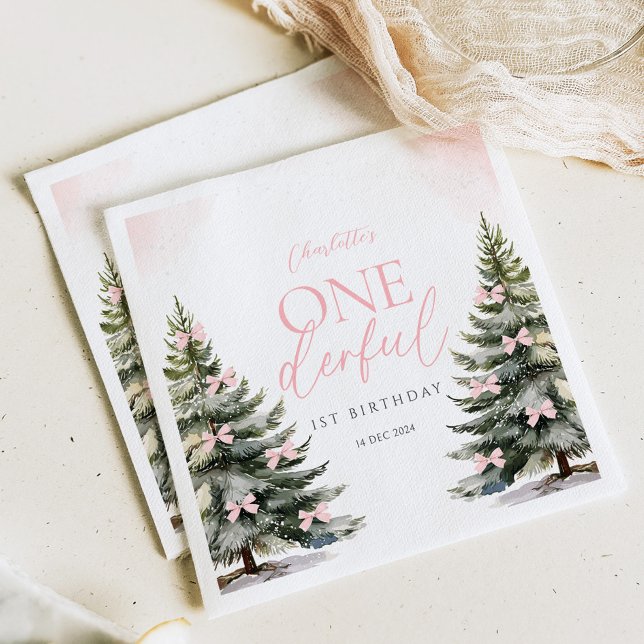 Guardanapo De Papel Aniversário de 1 ano Onederland Winter Pink Bow (Criador carregado)