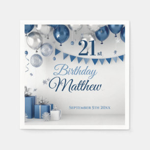 Guardanapo De Papel Aniversário de 21 anos de Prata Azul