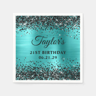 Guardanapo De Papel Aniversário de 21 anos em Preto Brilho Turquesa Az