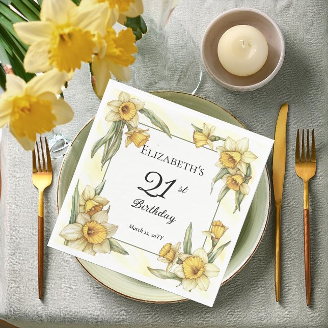 Guardanapo De Papel Aniversário de 21 anos Floral Elegante Amarelo (Elegant Yellow Daffodils Floral 21st Birthday Party Napkins)