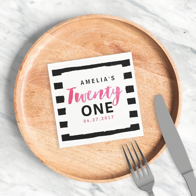 Guardanapo De Papel Aniversário de 21 anos rosa-preto-e-branco (Criador carregado)