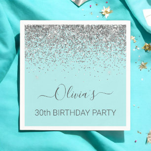 Guardanapo De Papel aniversário de 30 anos Aqua Blue Teal Silver Glit