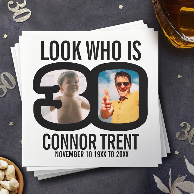 Guardanapo De Papel Aniversário de 30 anos branco preto, duas fotos pa (Criador carregado)