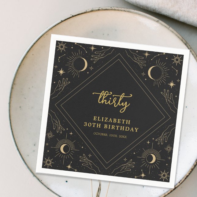 Guardanapo De Papel Aniversário de 30 anos de Lua Mística Negra (Black Mystic Horoscope Moon 30th Birthday Napkins)