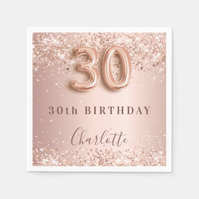 Guardanapo De Papel aniversário de 30 anos rosa dourado blush name (Frente)