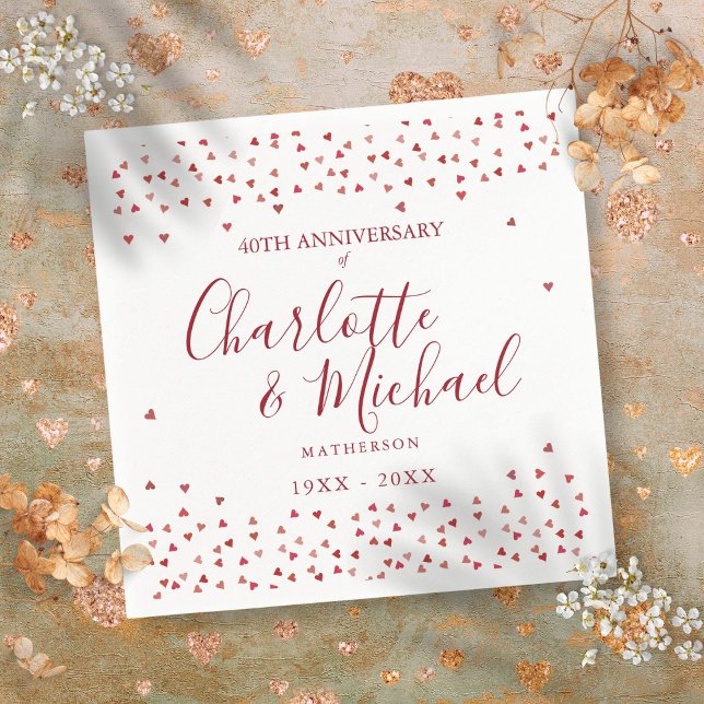 Guardanapo De Papel Aniversário de 40 Anos de Casamento Corações de Ru (40th Wedding Anniversary Ruby Hearts Confetti Napkins)