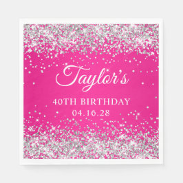 Guardanapo De Papel Aniversário de 40 anos de cor rosa quente com bril