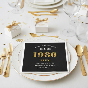 Guardanapo De Papel Aniversário de 40 Anos Nome 1986 Preto Dourado Ele