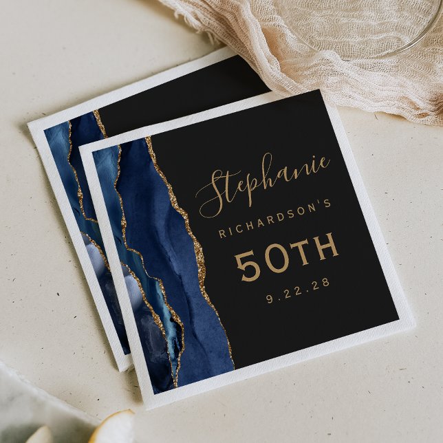 Guardanapo De Papel Aniversário de 50 anos Azul Naval Ágata Dourado Es (Criador carregado)
