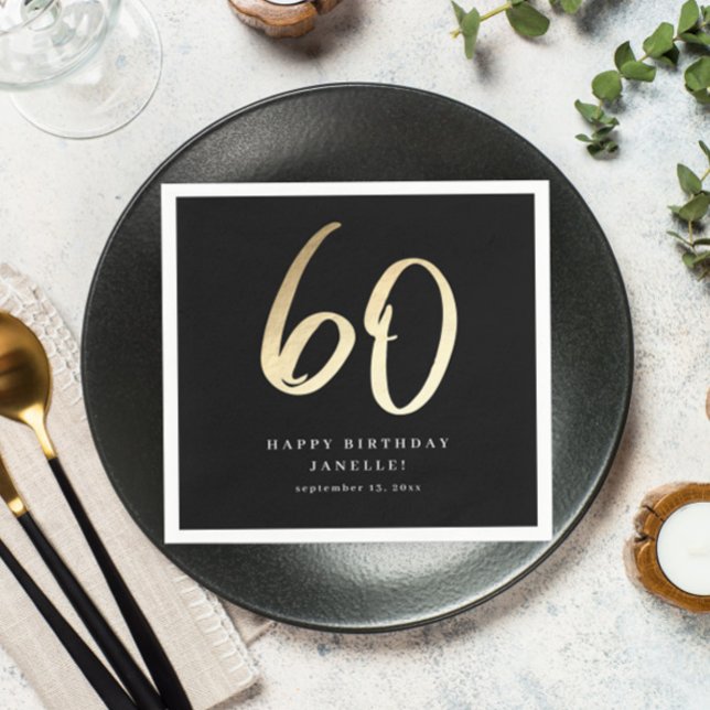 Guardanapo De Papel Aniversário de 60 anos Moderno Preto e Dourado Scr (Criador carregado)