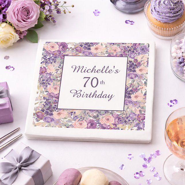 Guardanapo De Papel Aniversário de 70 anos com Flores Rosadas Roxas (Purple and pink watercolor floral 70th birthday party paper napkins)