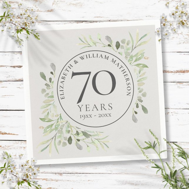 Guardanapo De Papel Aniversário de 70 anos de Casamento Verde Platina (70th Wedding Anniversary Platinum Greenery Napkins)