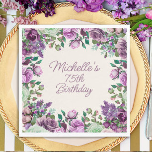 Guardanapo De Papel Aniversário de 75 anos em Floral Aquarela Roxo Ver
