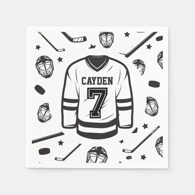 Guardanapo De Papel Aniversário de 7 anos de Hockey preto e Branco (Frente)