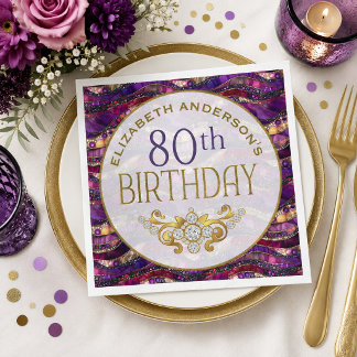 Guardanapo De Papel Aniversário de 80 anos Roxo e Dourado com Joias Es