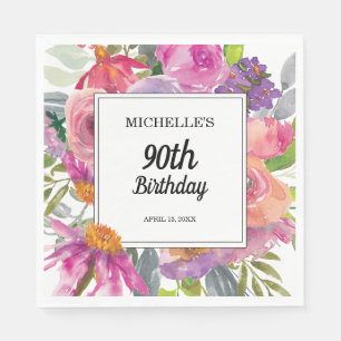 Guardanapo De Papel Aniversário de 90 anos em floral de aquarela rosa