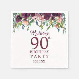 Guardanapo De Papel Aniversário de 90 anos   Festa Floral Burgundy Mar