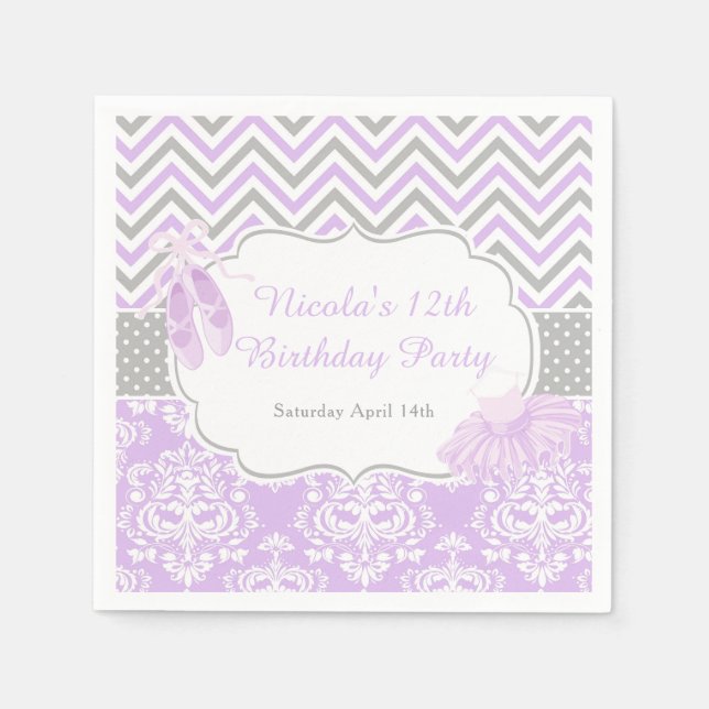 Guardanapo De Papel Aniversário de Bailarina com Chevron Roxo e Cinza (Frente)