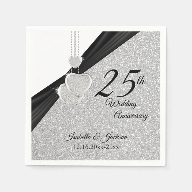 Guardanapo De Papel Aniversário de Casamento com Glitter 25 Silver (Frente)
