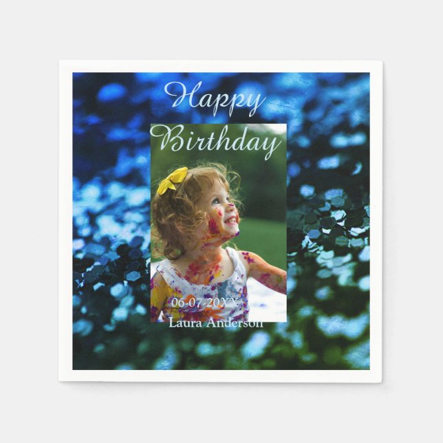 Guardanapo De Papel Aniversário de criança de fotos azul verde-brilhan (Frente)