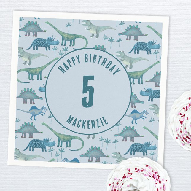 Guardanapo De Papel Aniversário de criança do Dinossaur Boy Party Blue (Dinosaur personalized kids party paper napkin)