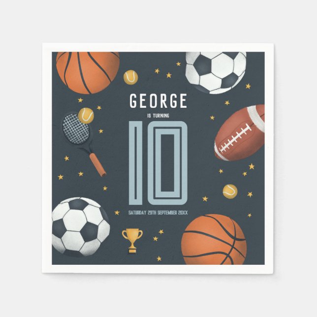 Guardanapo De Papel Aniversário de criança moderno de esportes azuis (Frente)