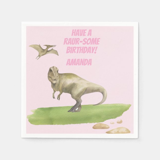 Guardanapo De Papel Aniversário de Dinossauro das Meninas  (Frente)