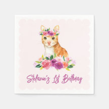 Aniversário de Gato Laranja Fofo e Flores Roxas