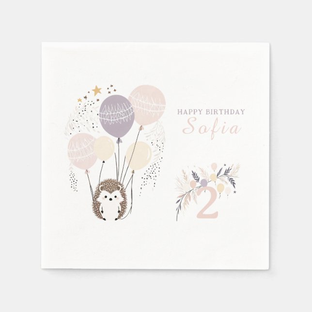 Guardanapo De Papel Aniversário de Pastel Boho Hedgehog e Balões (Frente)
