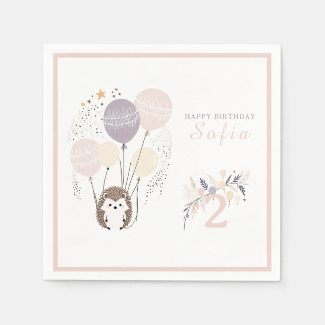Guardanapo De Papel Aniversário de Pastel Boho Hedgehog e Balões (Frente)