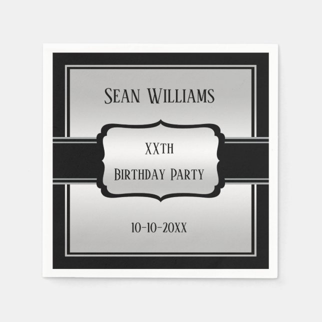 Guardanapo De Papel Aniversário de Prata e Negro do Homem Elegante (Frente)