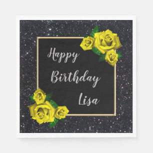 Guardanapo De Papel Aniversário de Rosas Amarelas Glitter Negra Elega