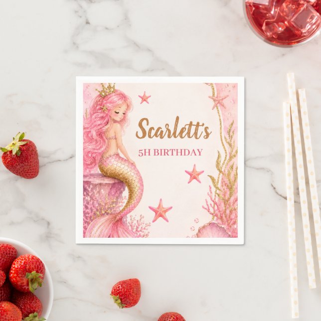 Guardanapo De Papel Aniversário de Sereia Rosa e Dourado (Insitu)