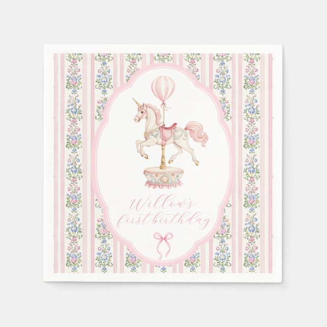 Guardanapo De Papel Aniversário de Um Ano Carousel Rosa (Frente)