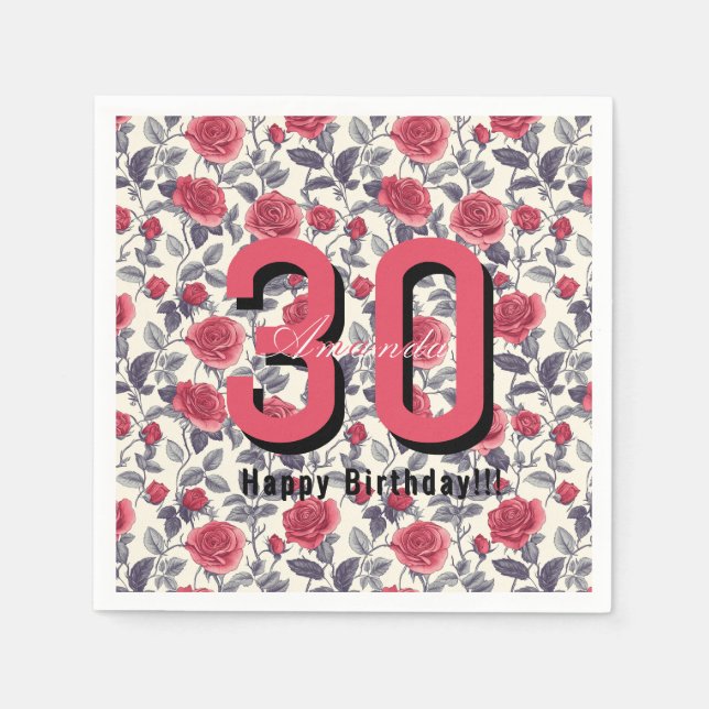 Guardanapo De Papel Aniversário de um ano com tema de rosa personaliza (Frente)