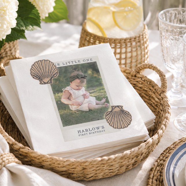 Guardanapo De Papel Aniversário de Um Ano Préppy Costeiro com Conchas (Preppy Coastal Shell First Birthday Napkins)
