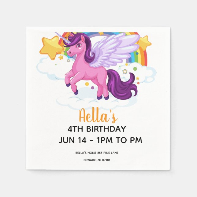 Guardanapo De Papel Aniversário de Unicórnio e Arco-íris  (Frente)