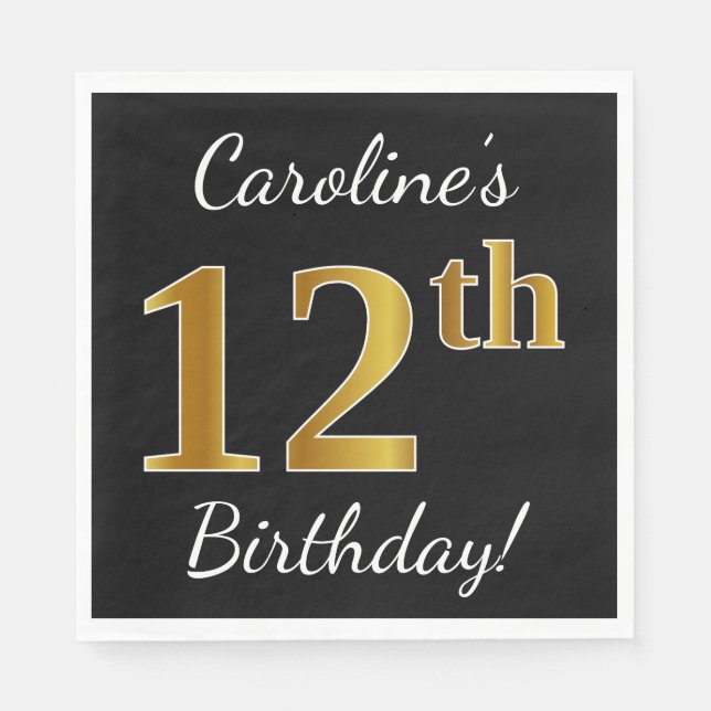 Guardanapo De Papel Aniversário do 12 Dourado preto, preto + nome pers (Frente)