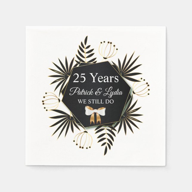Guardanapo De Papel Aniversário do 25 de Leafy Preto e Dourado - AINDA (Frente)