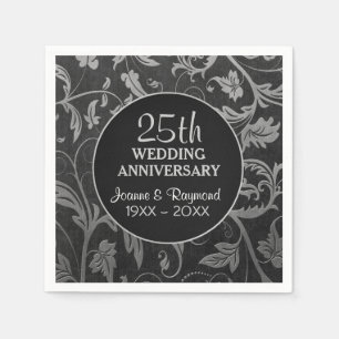 Guardanapo De Papel Aniversário do 25 do Silver Black Damask