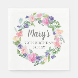 Guardanapo De Papel Aniversário do 70 Floral Púrpura Azul Rosa