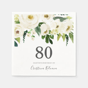 Guardanapo De Papel Aniversário do 80 de Flores Brancas e Creme