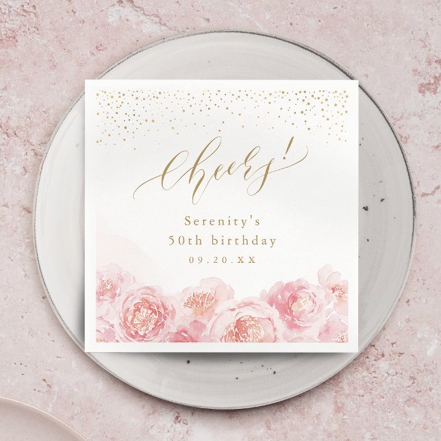 Guardanapo De Papel Aniversário do Elegant Gold & Blush floral Cheers (Elegant gold & blush floral cheers birthday napkins)