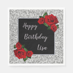 Guardanapo De Papel Aniversário do Elegante Rosa vermelha de Prata Gl