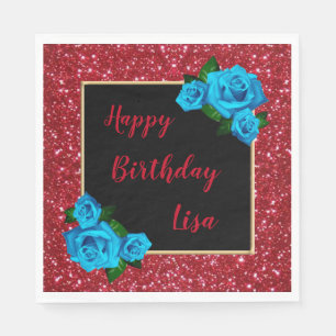 Guardanapo De Papel Aniversário do Elegante Rosa Vermelho-Glitter Azu